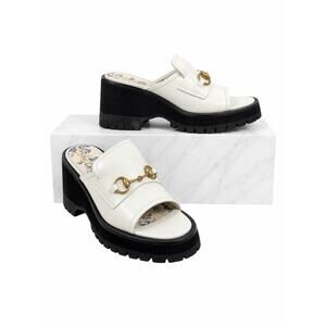 Gucci Cordovan Horsebit Open Toe Platform Slide Sandal Dusty White Size 41